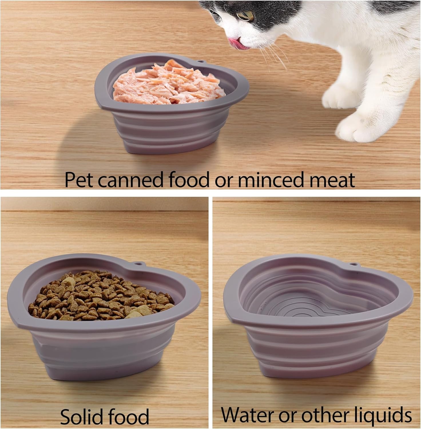 Fold Dog Bowls Silicone Love Shape, Portable Pet Feeding Watering Dish for Walking Parking Traveling(Dark Purple)