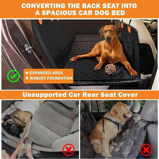 Hard Bottom 6-In-1 Dog Back Seat Cover , Waterproof Mesh Window, Non-Slip for Cars, Trucks and Suvs + FREE Dog Safety Belt + FREE Dog Bowls